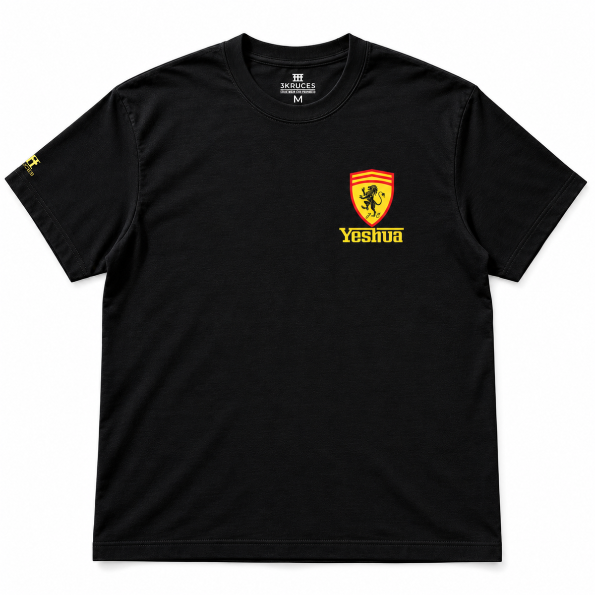 Black Yeshua Racing Christian streetwear t-shirt with yellow and red Lion of Judah crest on left chest.
