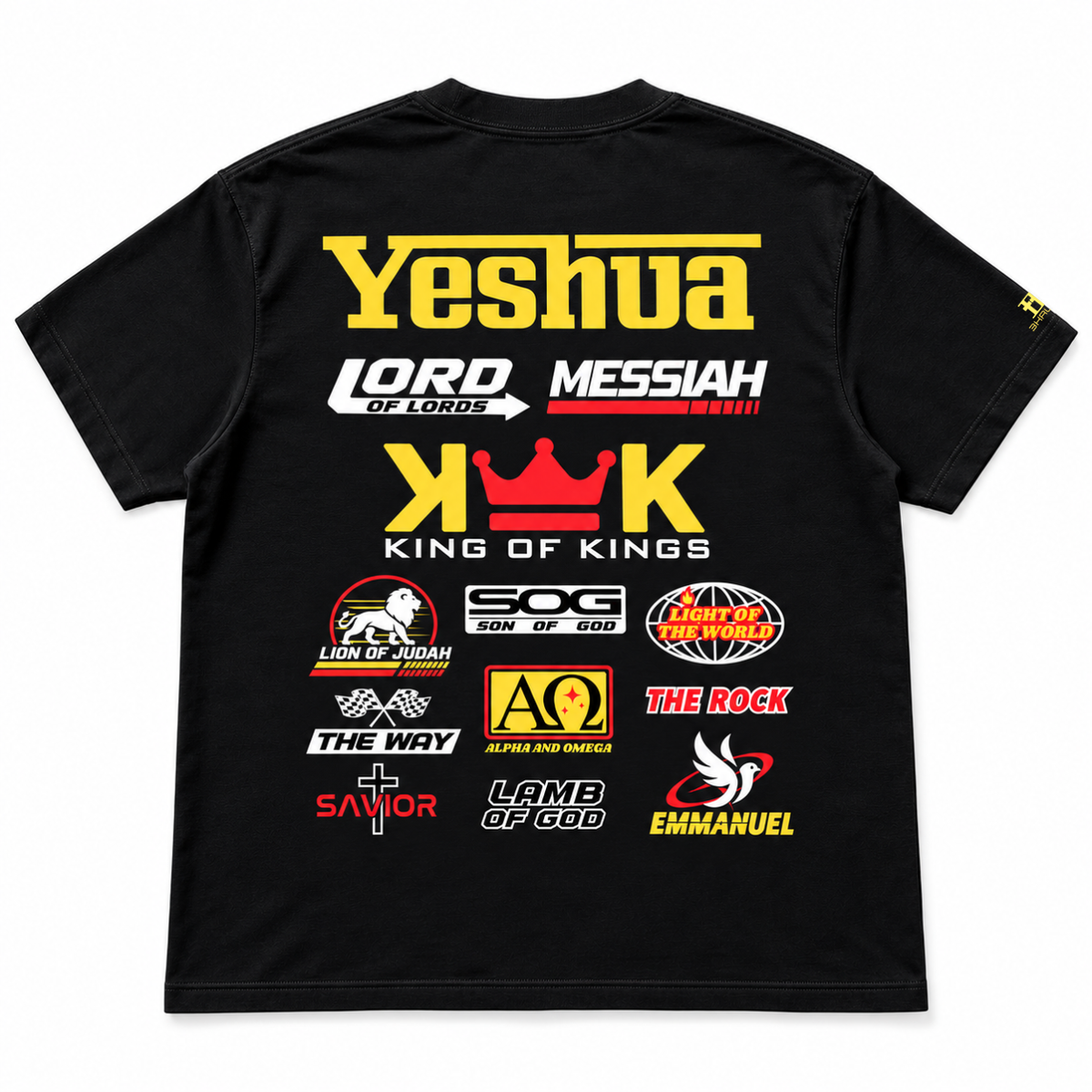 Back of black Yeshua Racing graphic tee featuring King of Kings, Lord of Lords, Messiah and other titles of Jesus.