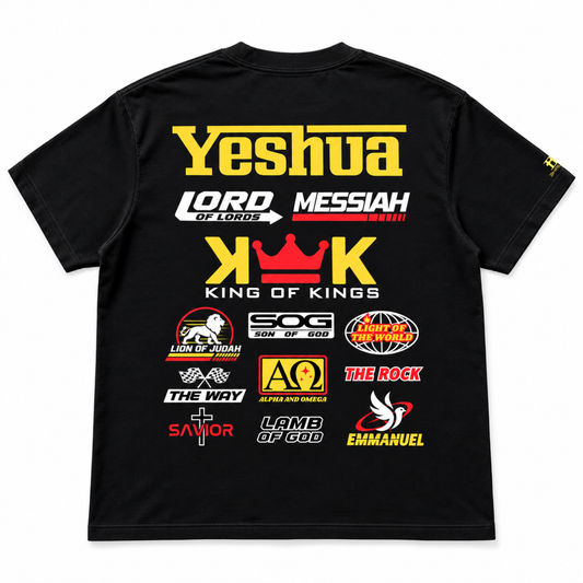 Back of black Yeshua Racing graphic tee featuring King of Kings, Lord of Lords, Messiah and other titles of Jesus.